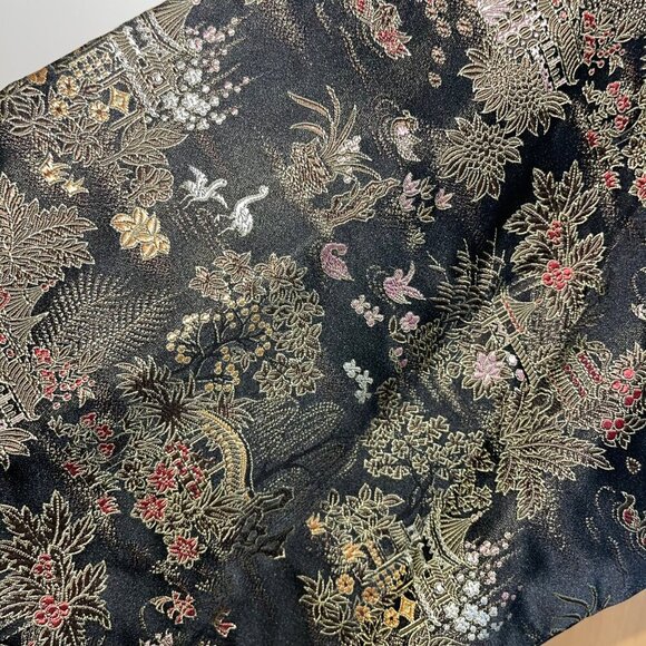 Ancient Dragon Vintage Womens Robe Size Large Black Brocade Belt Pure Silk - Picture 6 of 9